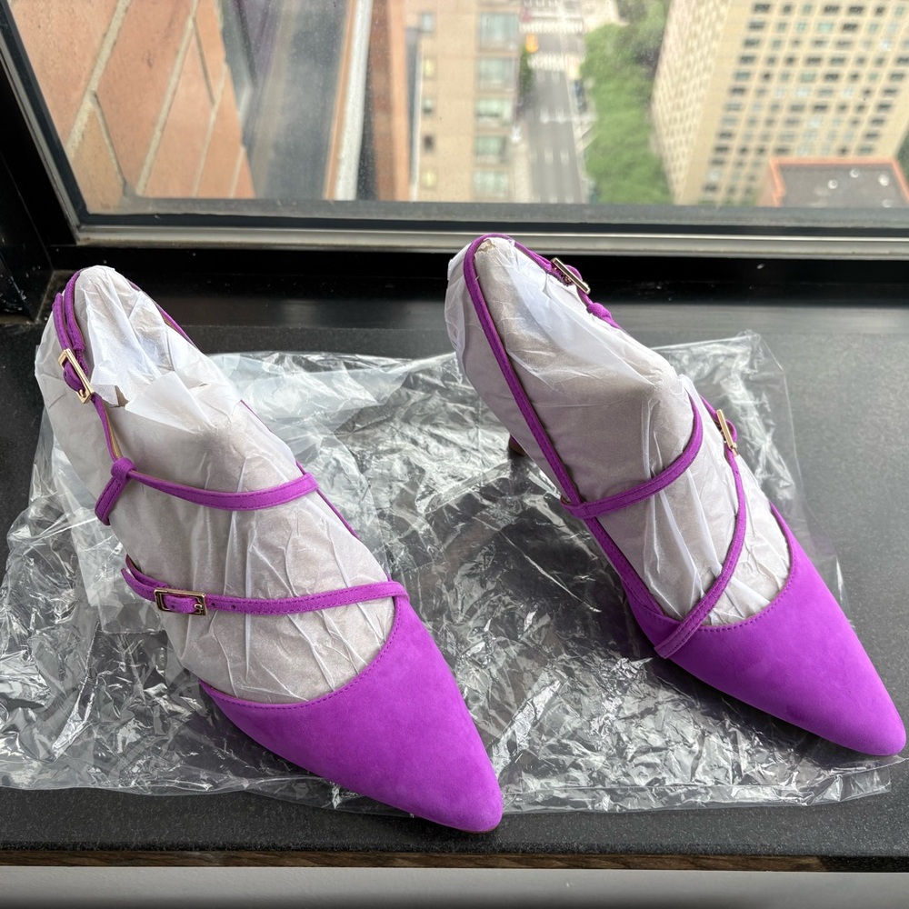 ANN TAYLOR Strappy Asymmetrical Suede Pumps‎ Heels In Neon Fuchsia Size US 6.5 - Picture 6 of 9